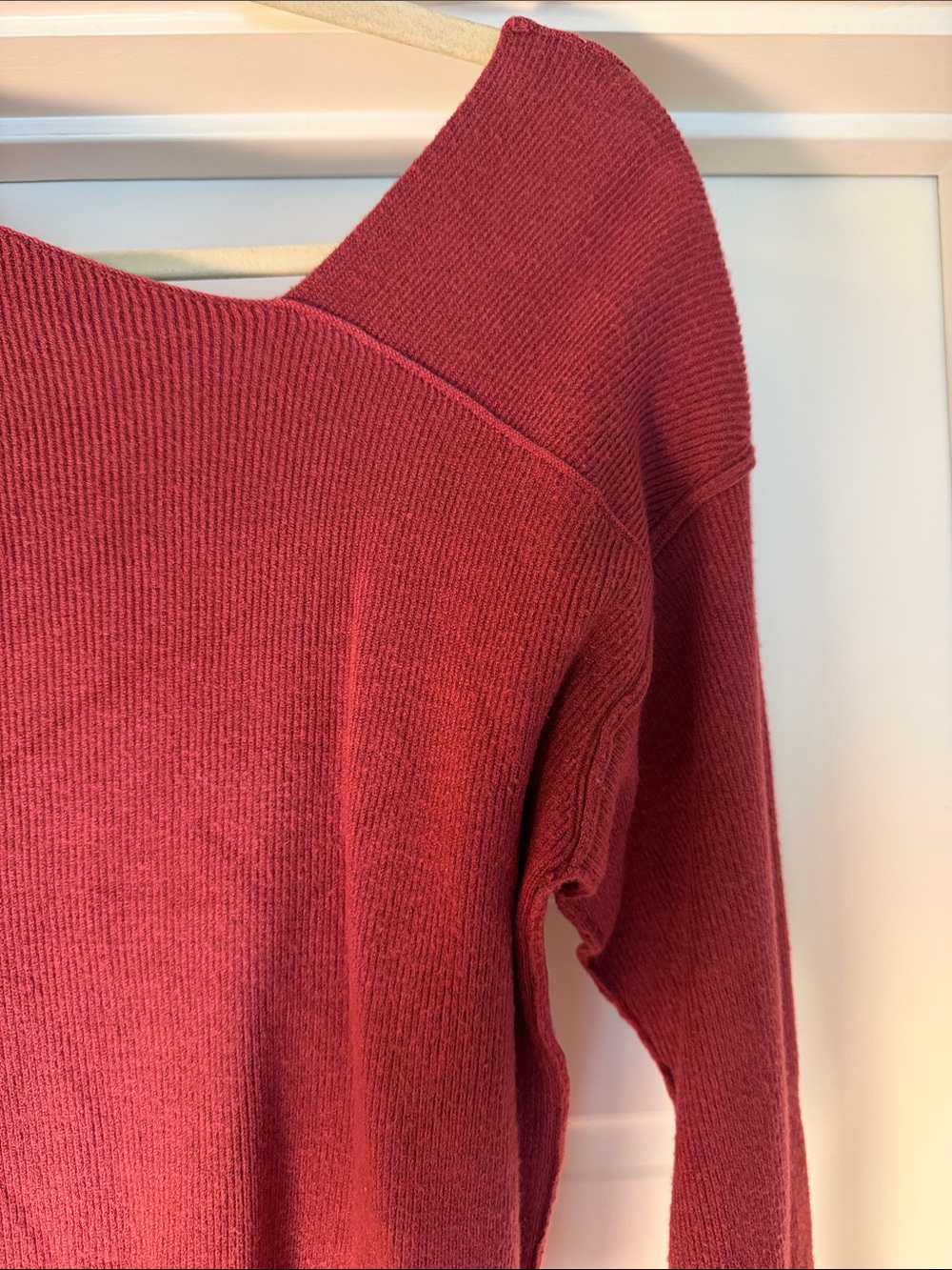 Line & Dot Off-the-Shoulder Asymmetrical Sweater in Rust Red - Picture 2 of 11